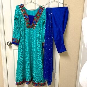 Pakistani Indian ethnic designer shalwar kameez 
Net fabric turquoise color #593